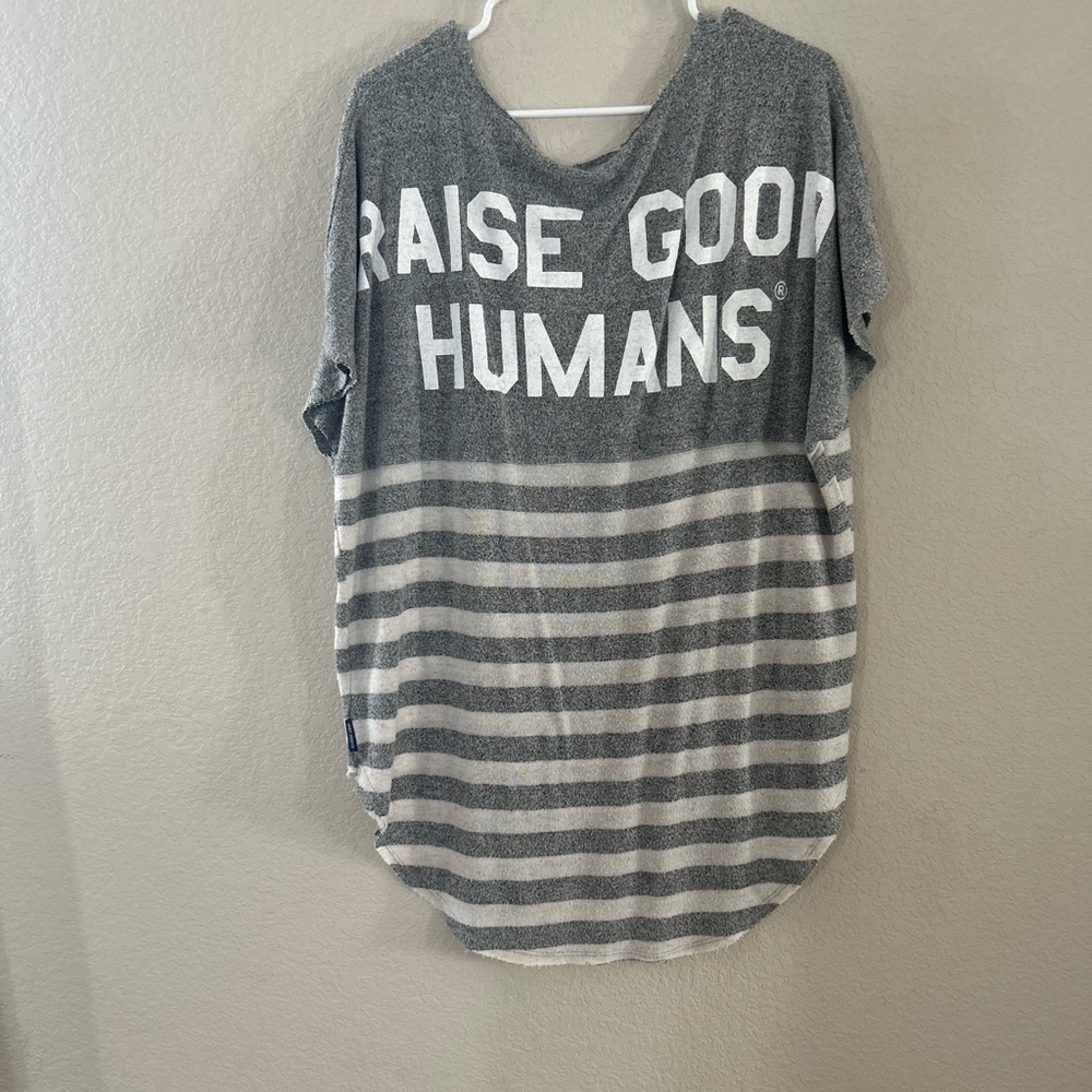 Gray and White Striped Graphic Sweater